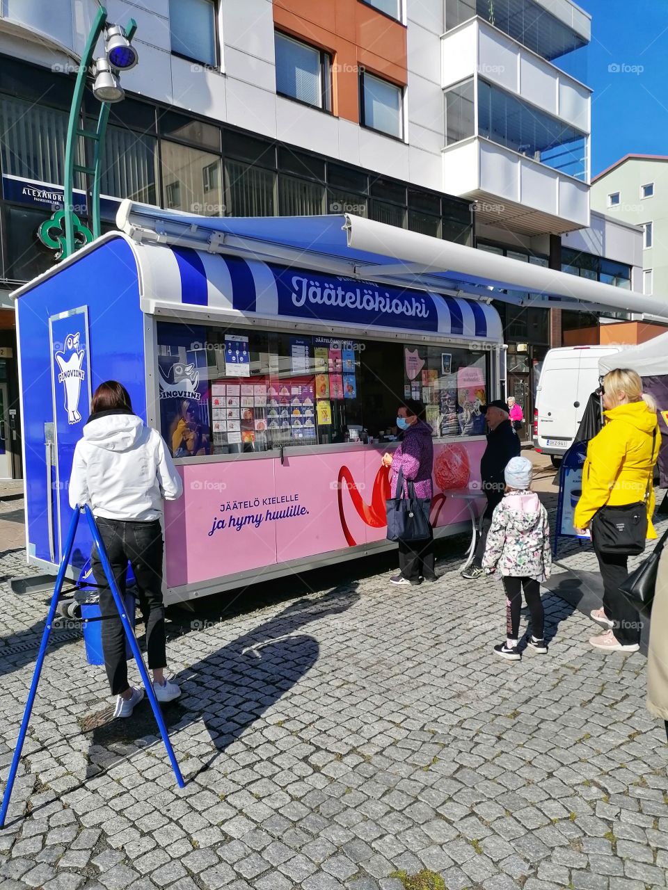 International markets in Tornio, Lapland, Finland. There are companies from several dozen different countries selling and presenting their products. 
This is the ice cream kiosk of the Finnish company Valio.