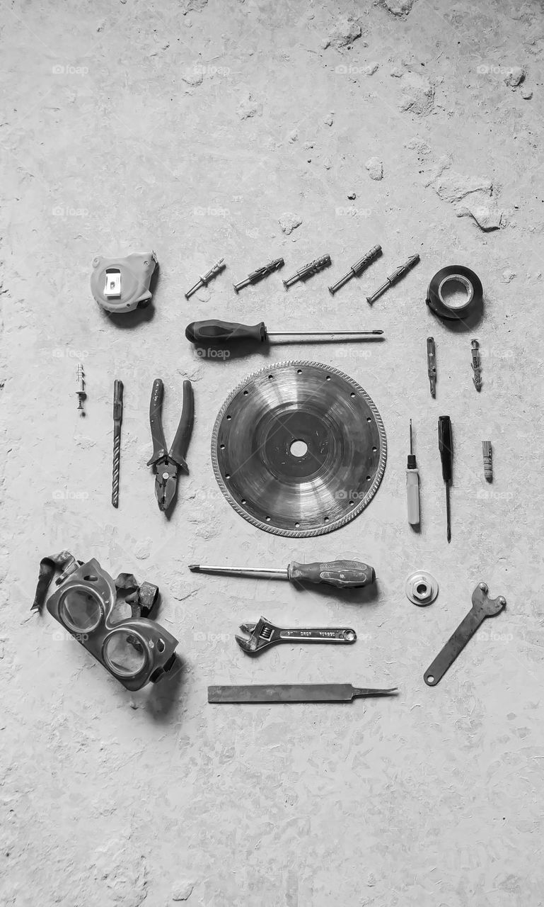 construction tools, flat lay composition