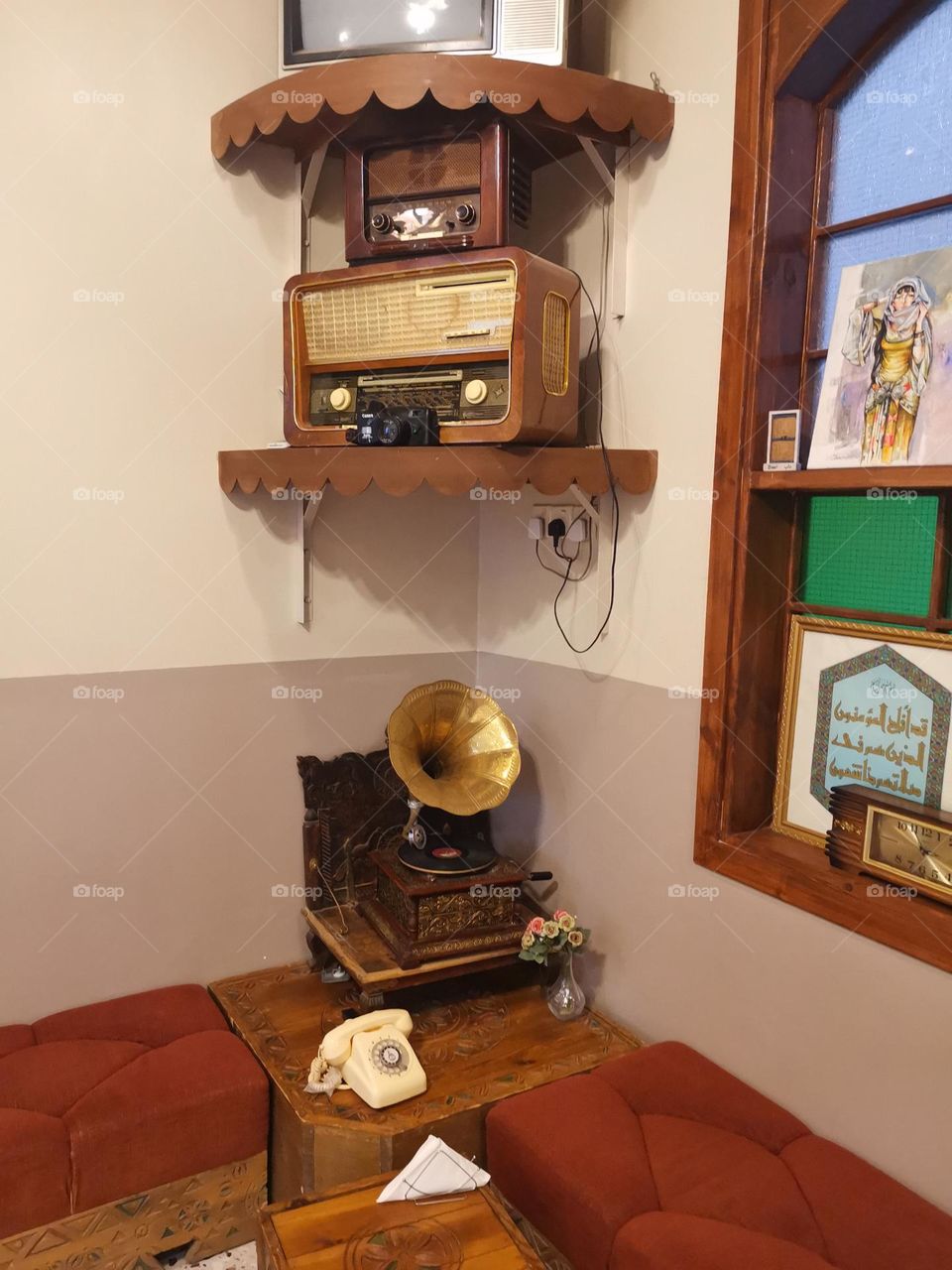 Old classic devices radio phone and old song player used in decoration restaurants and hotels
