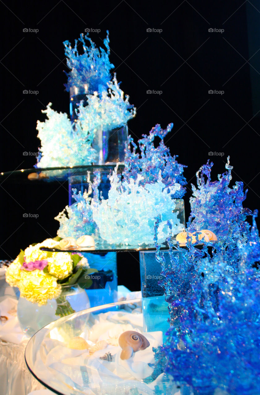 Glass coral event centre piece in blue and turquoise 