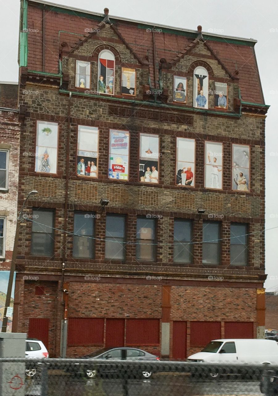 Windows painted in empty building, Boston.