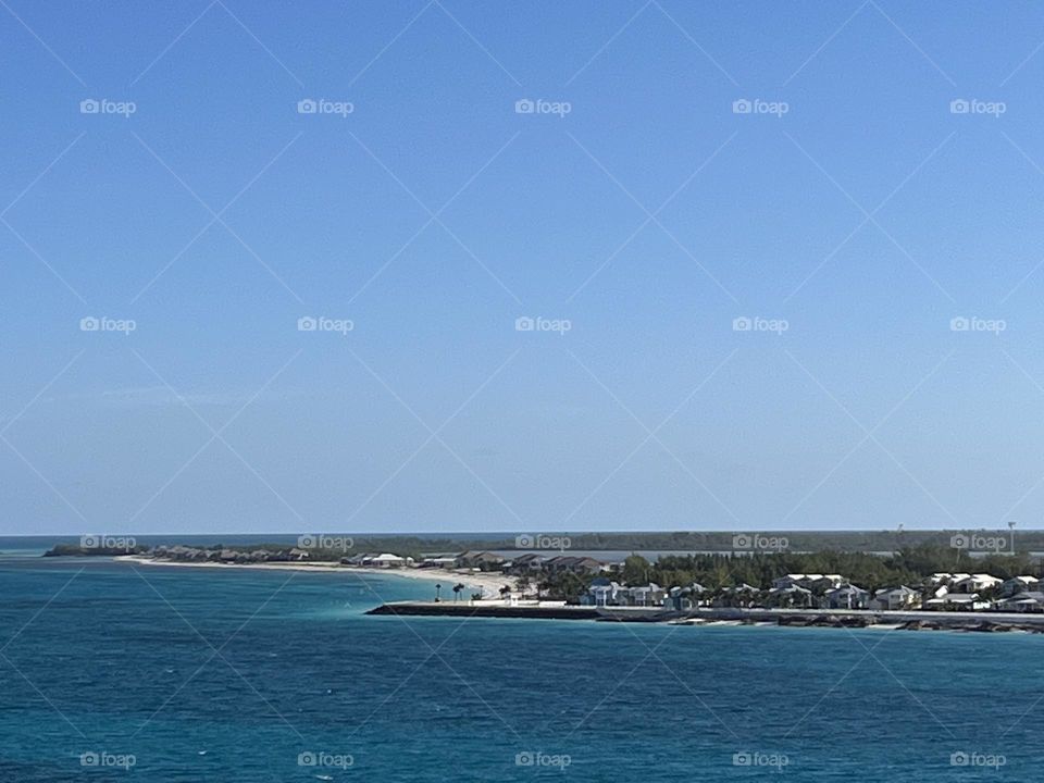 The island of Bimini in the Bahamas with the blue skies and deep blue seas.