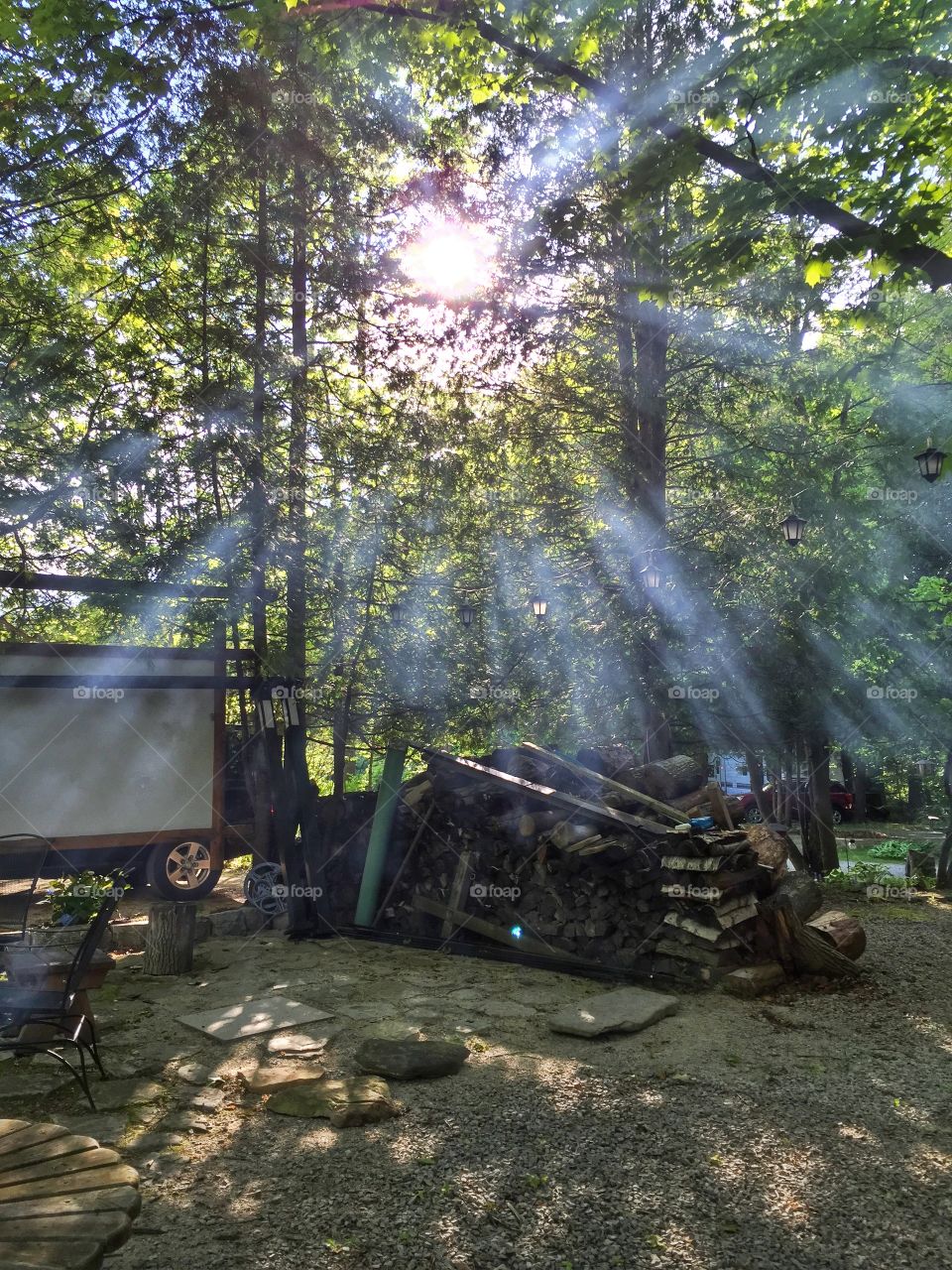 Sunlight through the campfire. Spending th day at the camper 