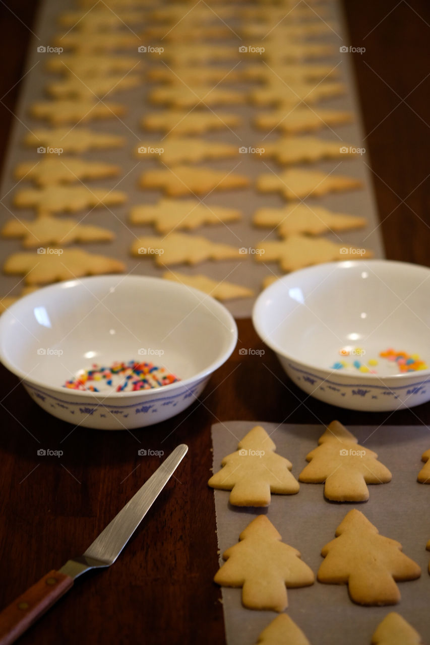 Christmas Tree Cookie Decorating, Preparing to decorate Holiday cookies, Christmas Tree Sugar Cookies, Decorating Cookies, Baking for the Holidays, Sugar Cookies Christmas Trees, Homemade Presents For the Holidays, Delicious Cookies in the Kitchen