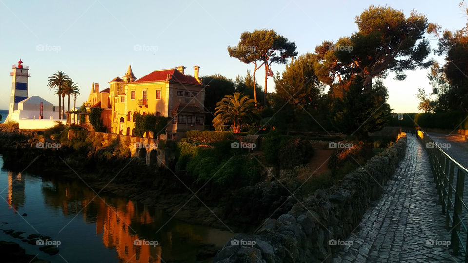 street on the coast of the oceans of stone pavement traditional portuguese house at sunrise