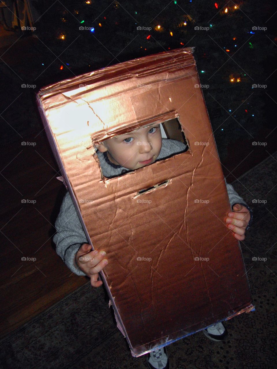 Child Playing With A Cardboard Costume
