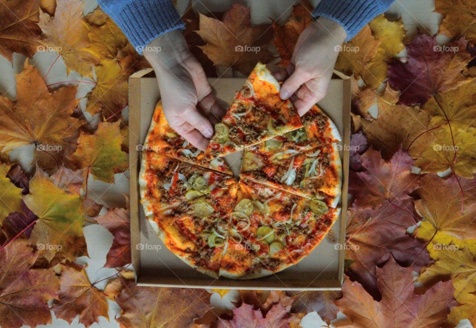 Pizza and leaves