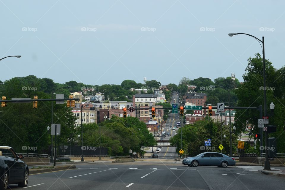 View of city street and traffic