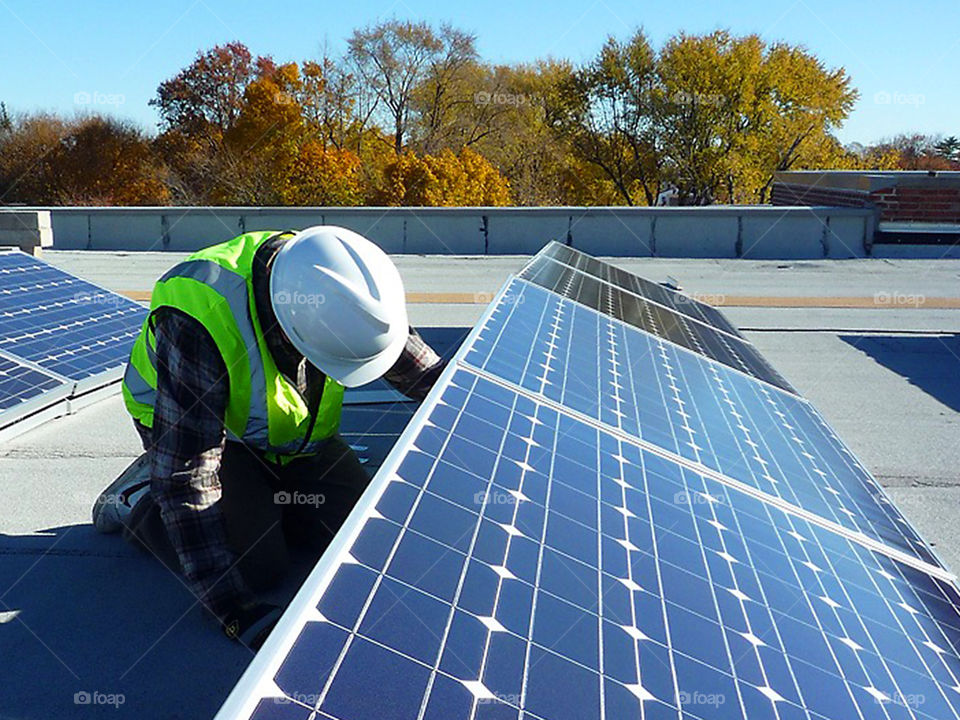 Solar panel install with technician