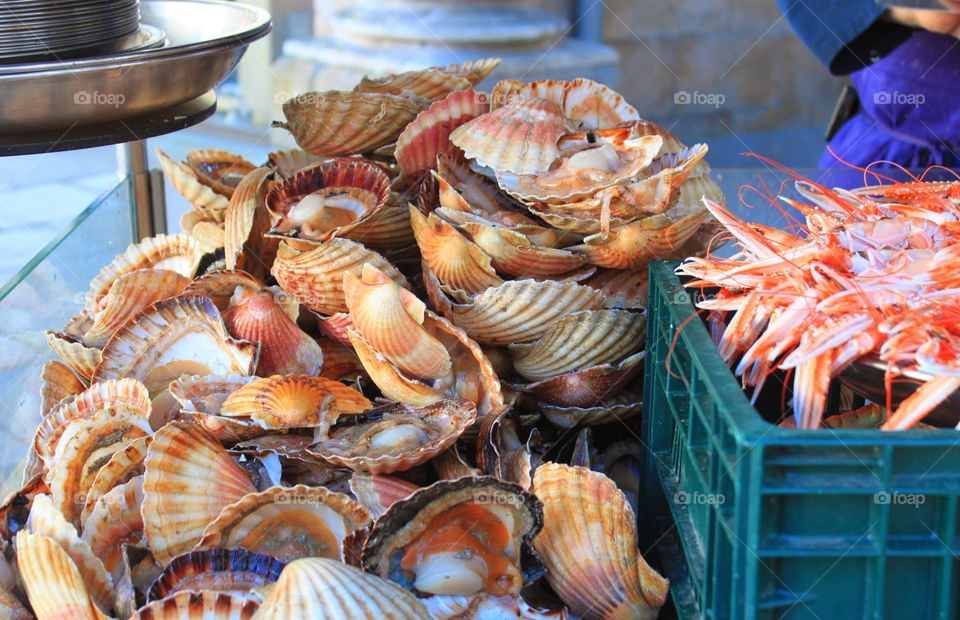 Oysters and shrimps being outdoors