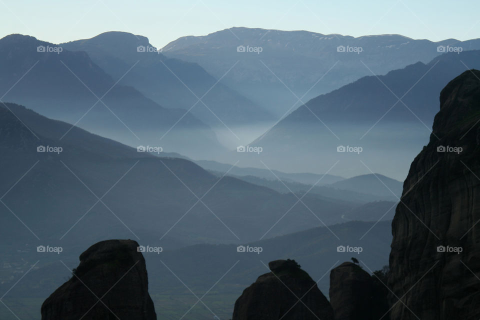 Night falling on the Meteoras mountains, Greece