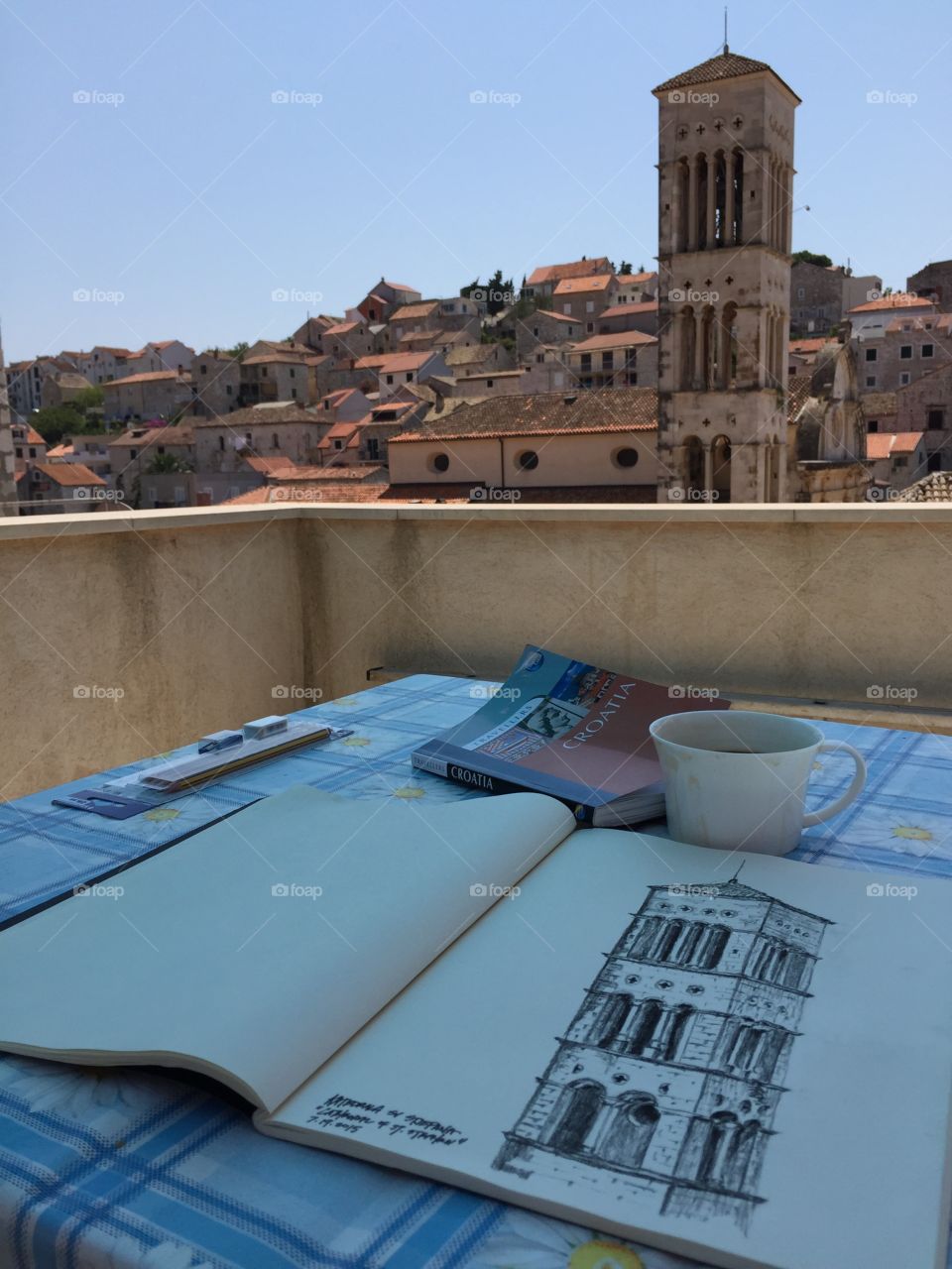 Vacation sketching a Renaissance campanile in Croatia