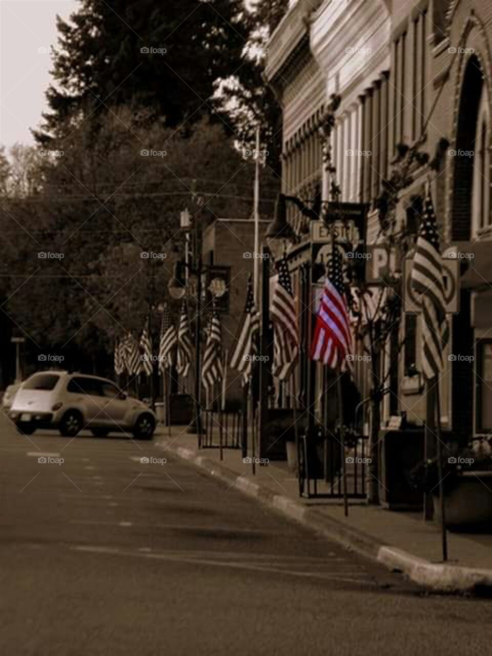 row of American flags down street of small town with only one in color