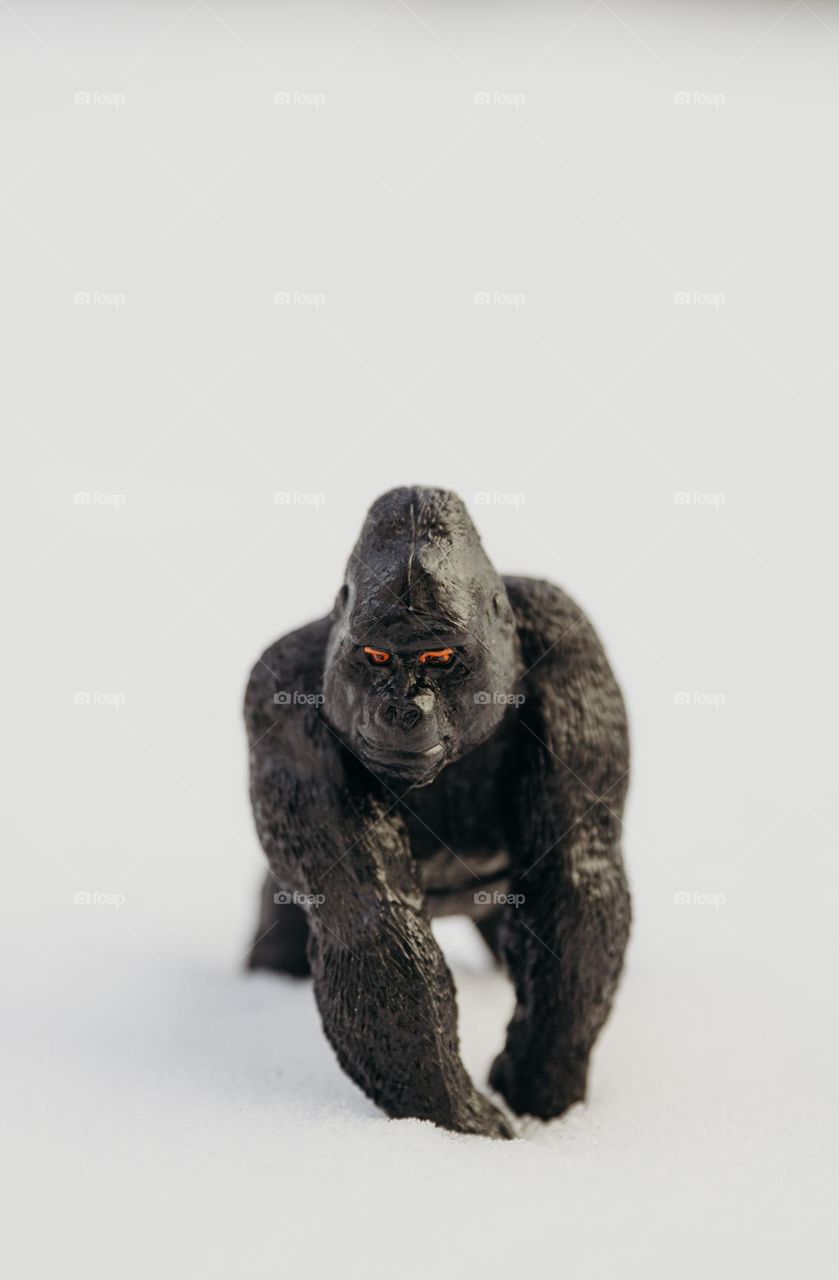 Portrait of one black dissatisfied toy gorilla with slanting jaws walking in the snow, close-up side view.