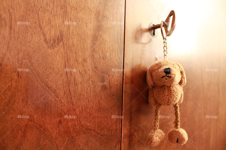 miniature bear toy on wooden door