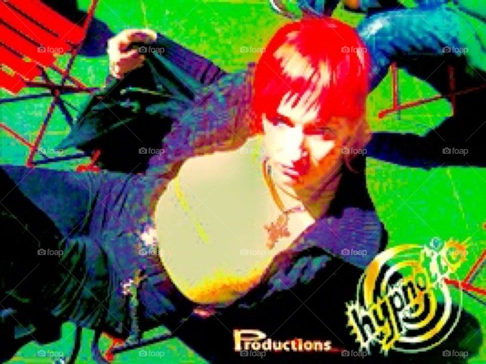 A self portrait photograph treated with all the trimmings of Graphic Design and my company logo „Hypnotic Productions“ in the lower right corner. It was taken in 2009 on „Times Square“. Hypnotic Productions