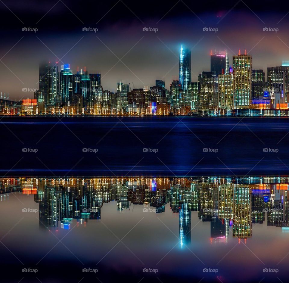 San Francisco Skyline in Flux - a falling version of the SF Skyline reflecting upon itself in the beautiful Bay. Shot from the radioactive Treasure Island.