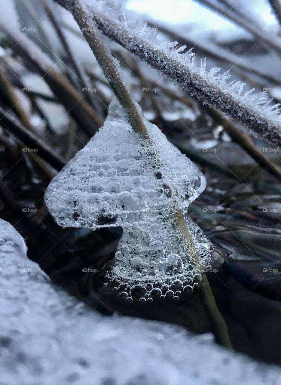 Bell shaped ice formations made of bubbles in the stream 