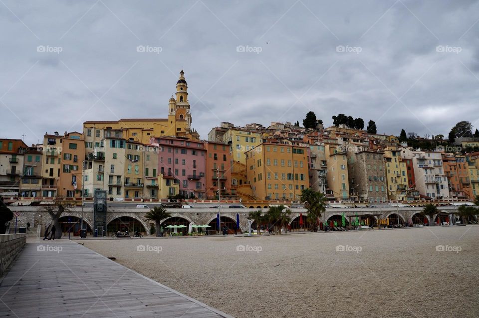 Menton, the old town, as viewed from Sablettes beach.