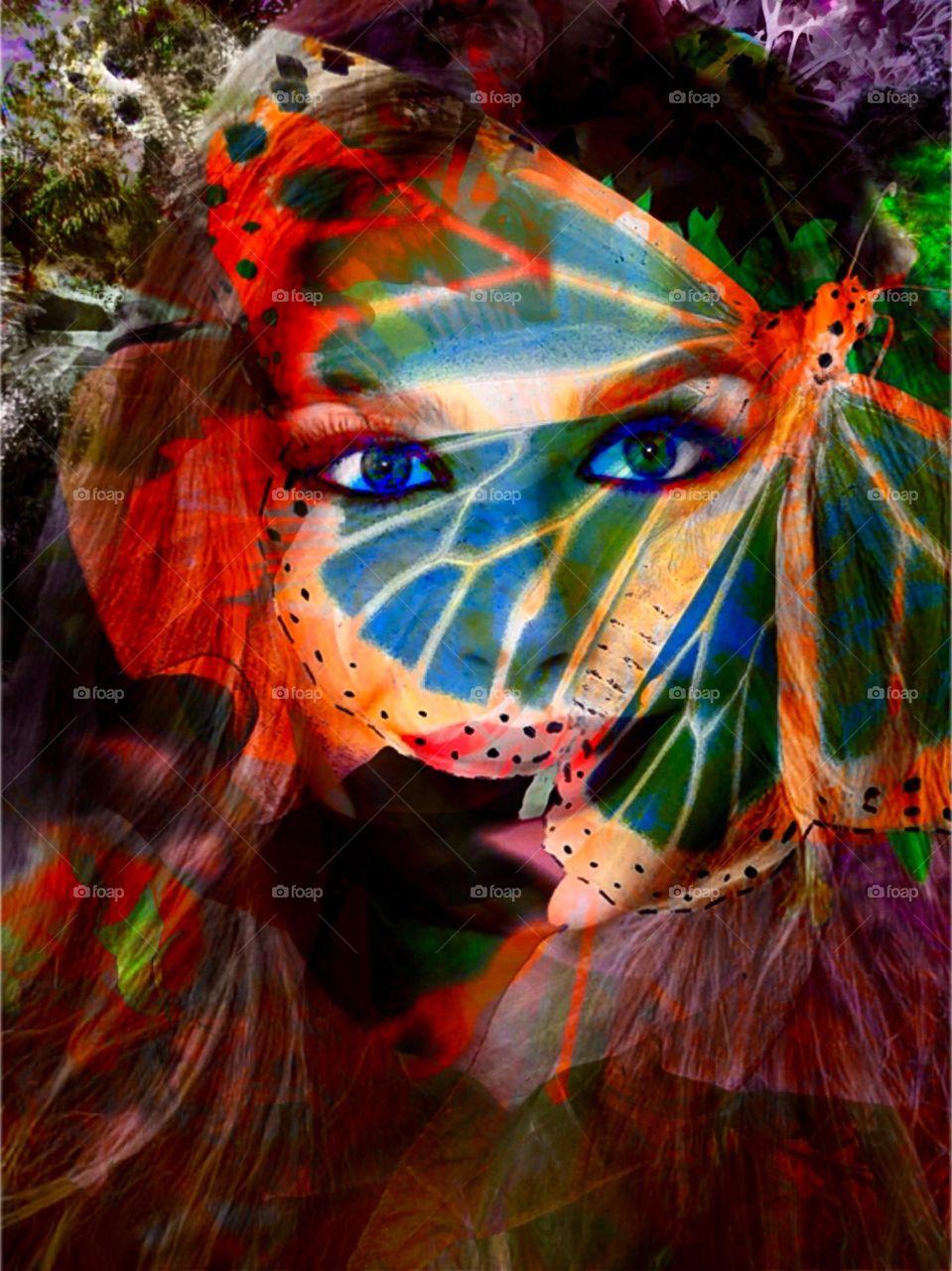 Butterfly and woman together in vivid color.