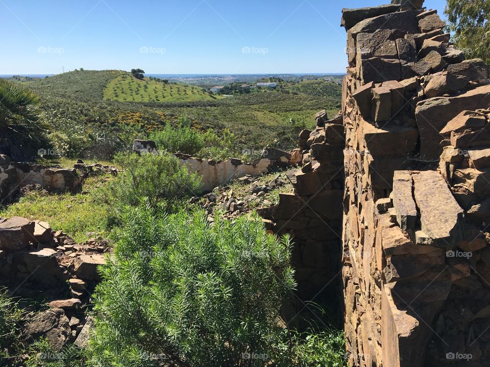 View on countryside from old ruins of farm