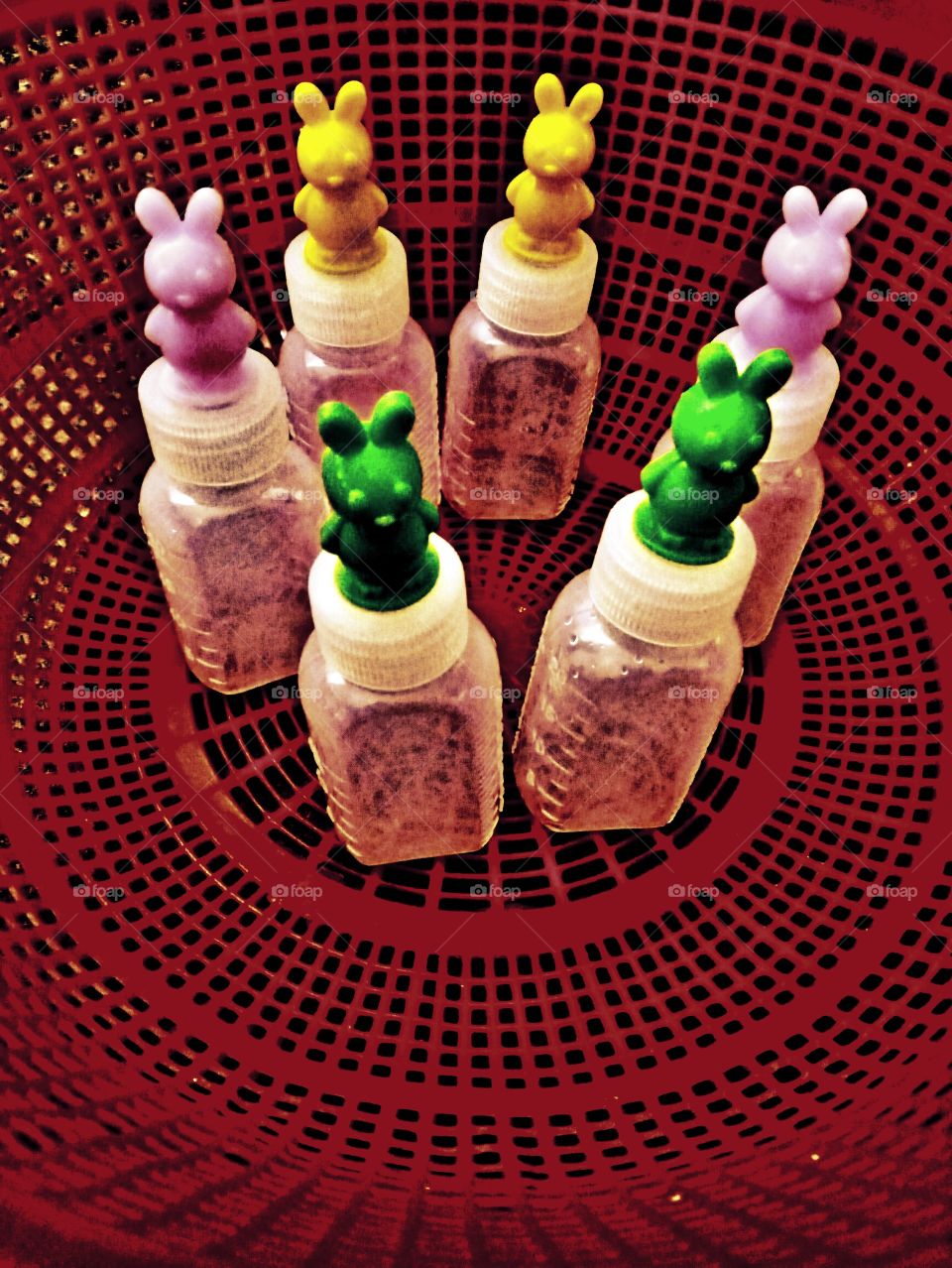 the medicine bottle cover are shaped like a very cute rabbit in different colors and the line and shape of the red tray in tongdosa, South Korea.