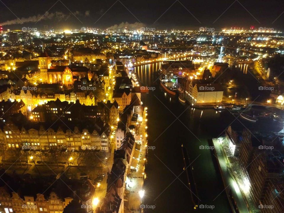 Gdansk by night aerial view