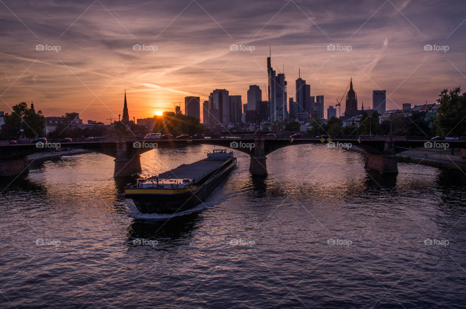 Frankfurt am Main city skyline at sunset