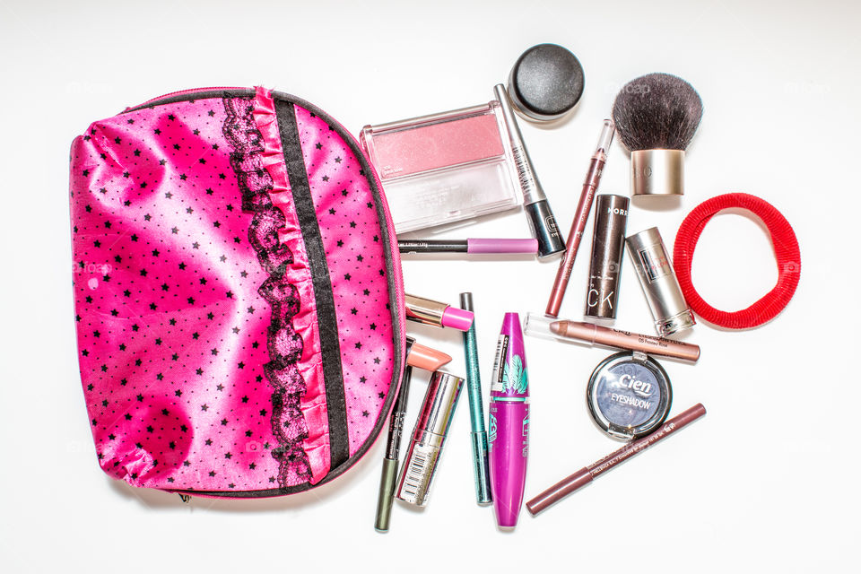 Makeup And Cosmetics Pink Bag Isolated On White Background
