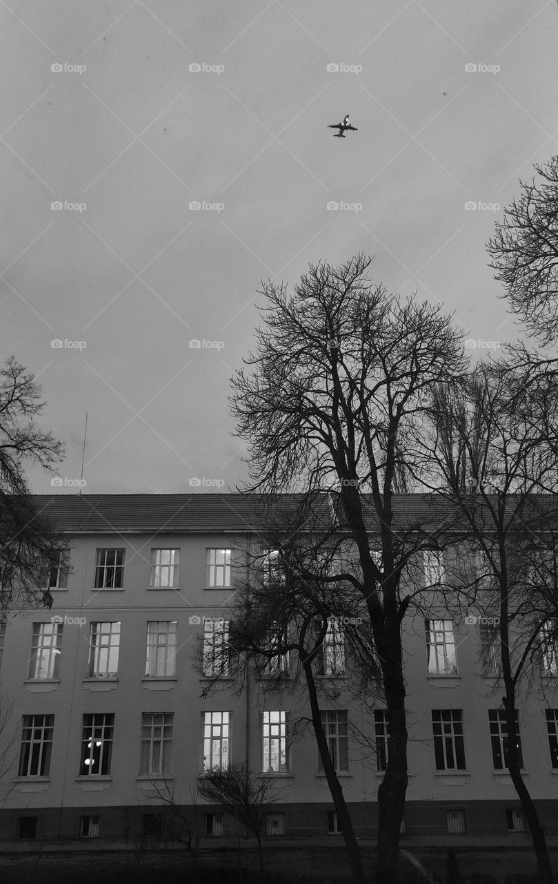 A photo in black and white of a school's architecture with trees in the yard and an airplane flying above