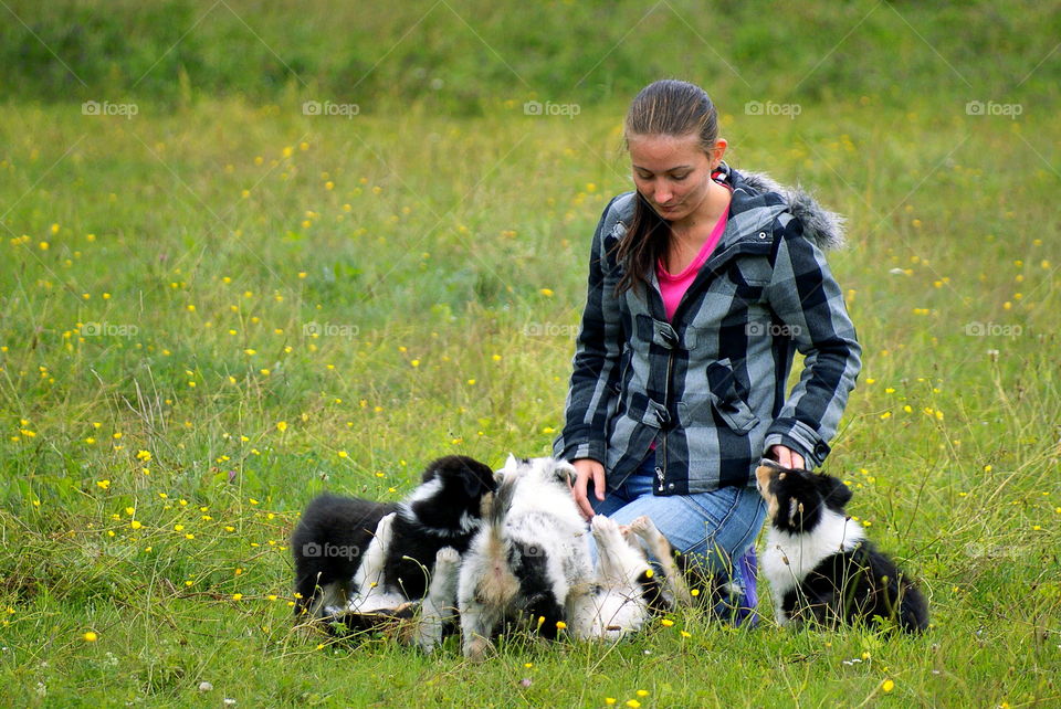 Girl sitting with a pack of puppies