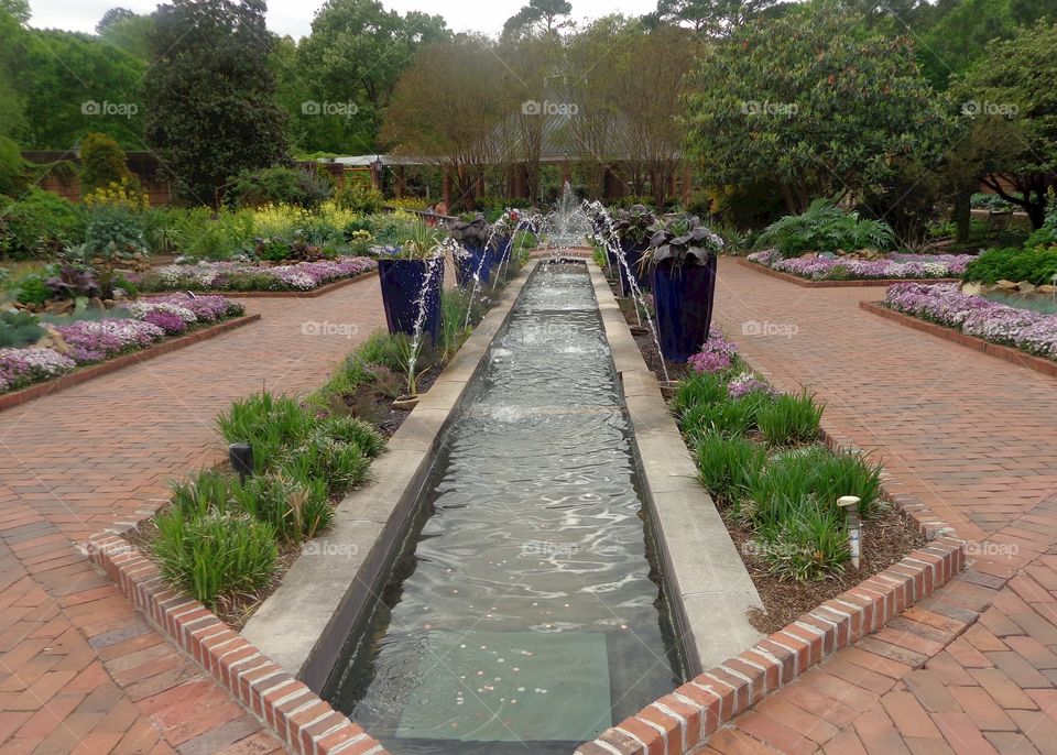 Botanical garden. planters around a water feature