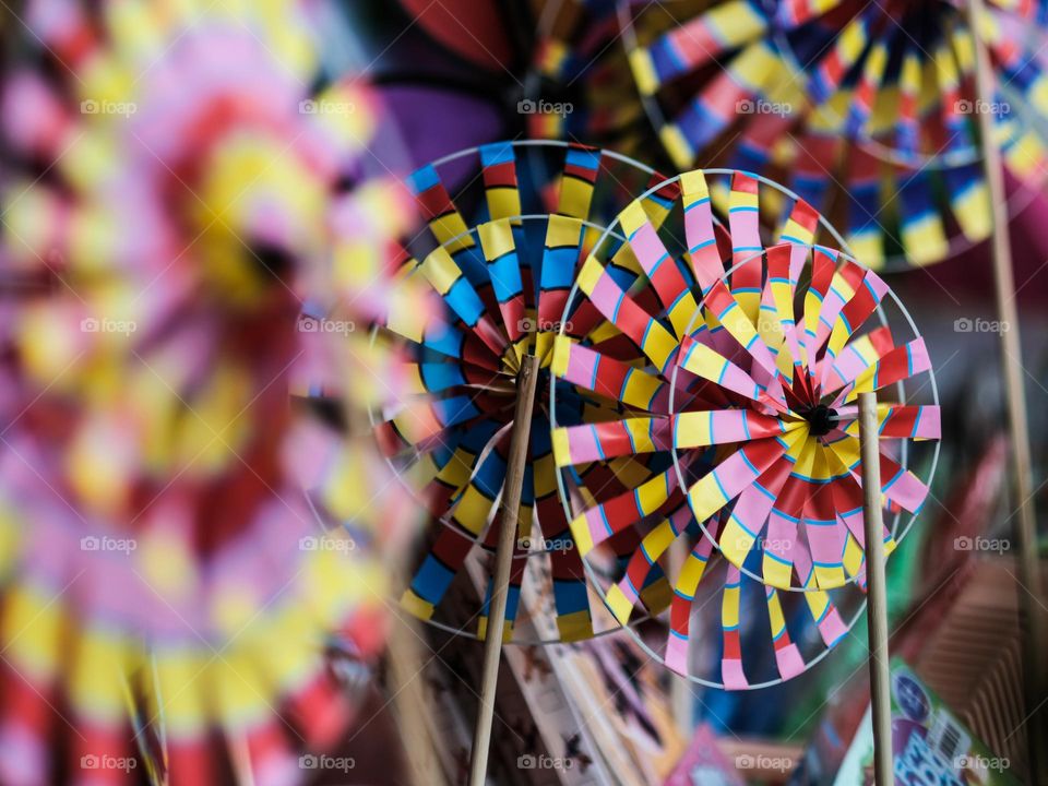 Close up of colorful paper windmills
