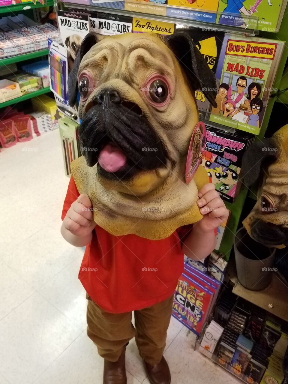 Little boy, in novelty store, displays a pug mask on his head.