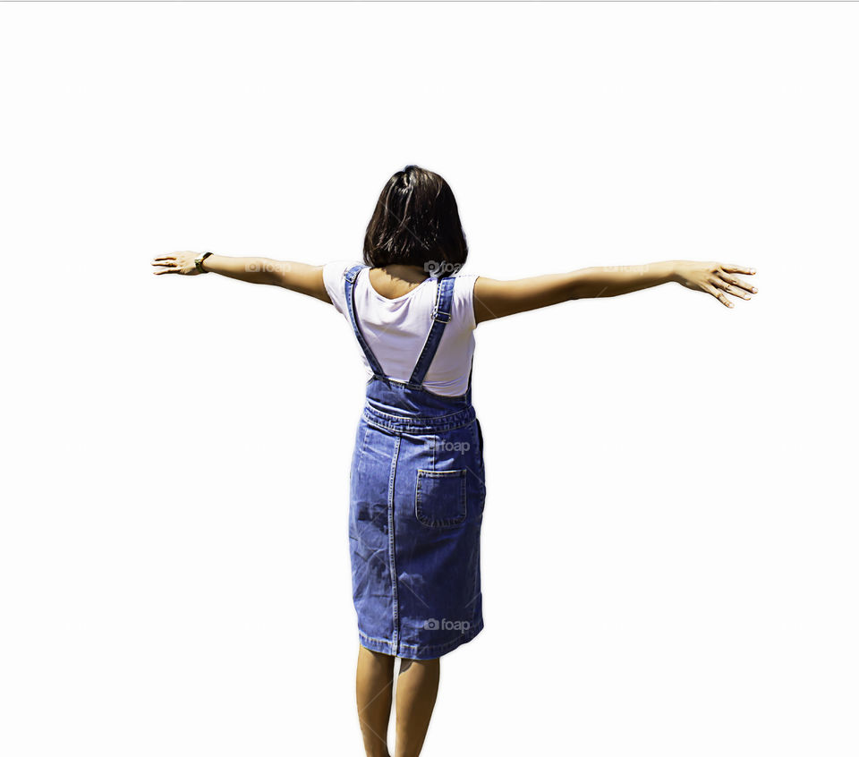 The image behind the woman raise their arms on a white background with clipping path.