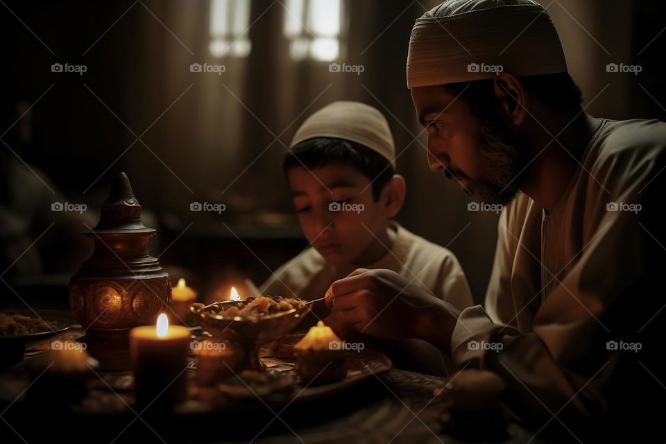 Father and son appreciate Ramadan meal