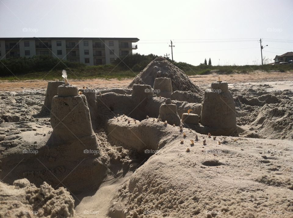 Sandcastle . Sandcastle with sand volcano in back   