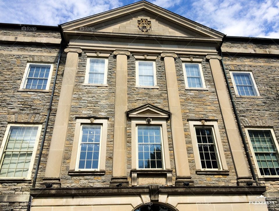 Upshot at a stately southern home, geometric shapes are prominent on the front facade.