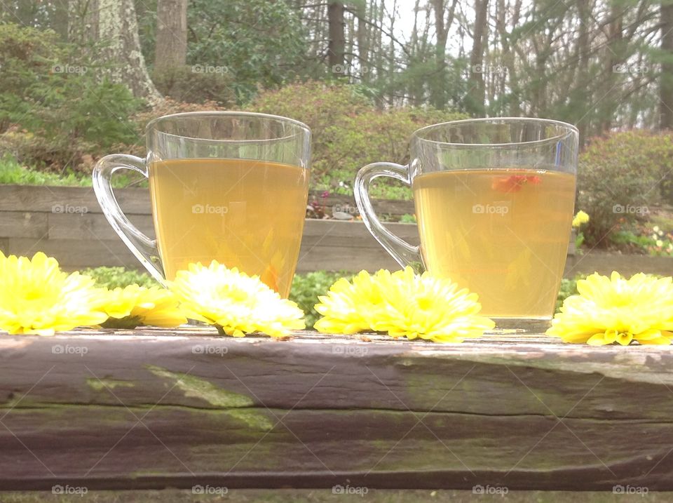 Enjoying a hot cup of tea outdoors in the Spring.