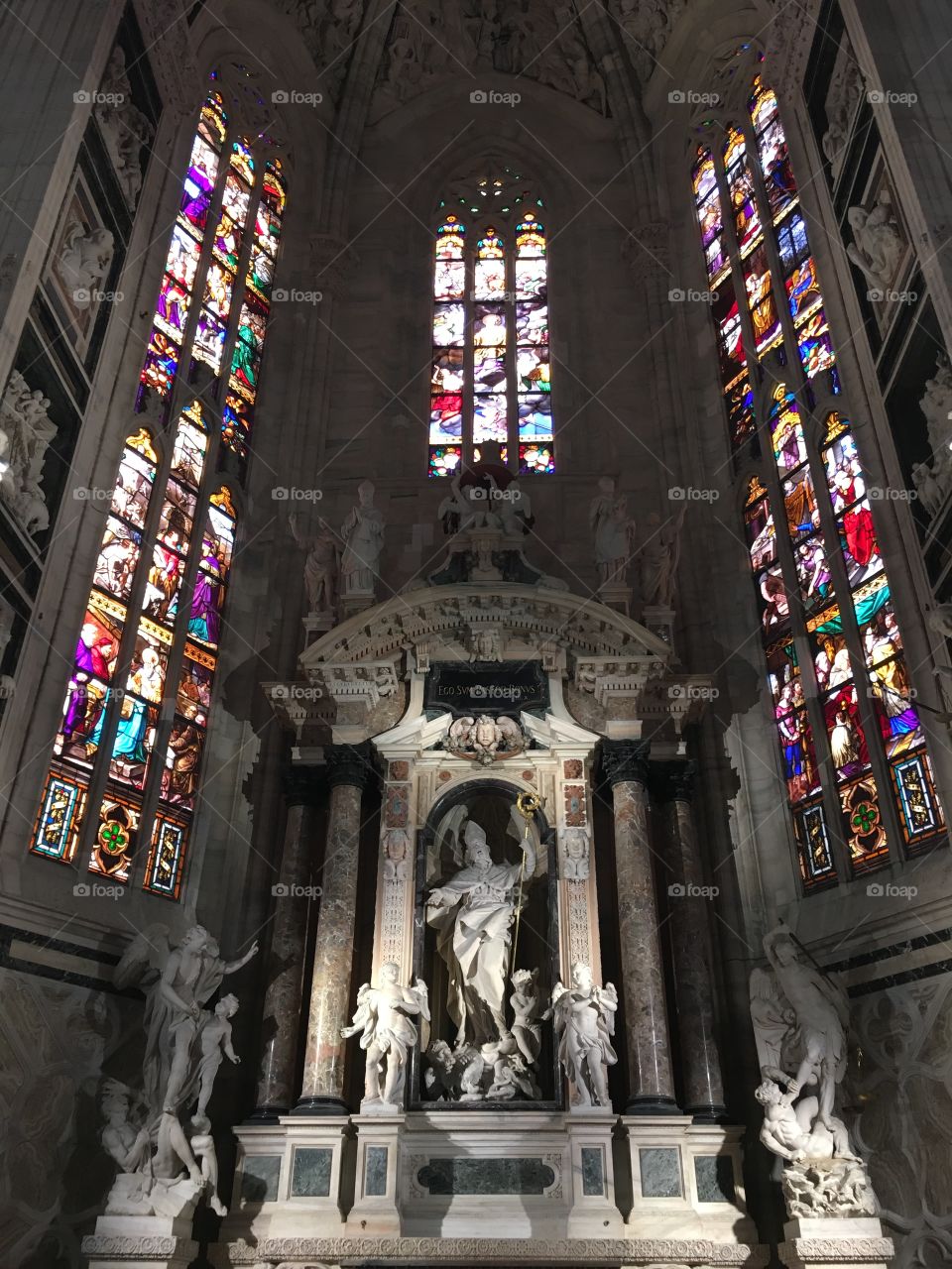 Stained glass inside Duomo Milan Italy
