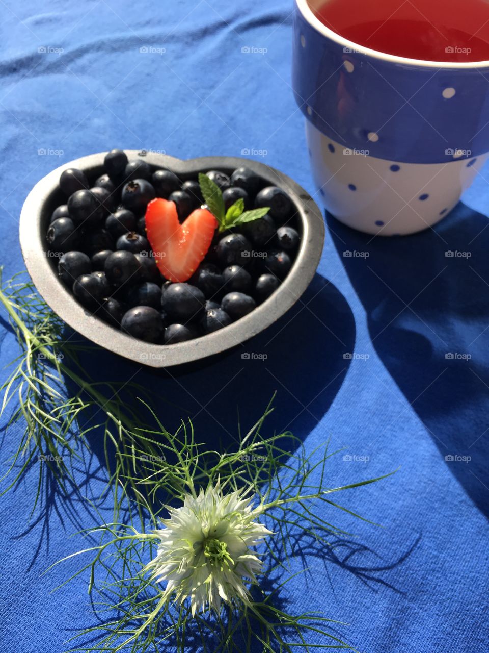 Heart shaped dish of blueberries with a heart shaped strawberry and a cup of Ribena and a pretty Nigella flower outside in summer