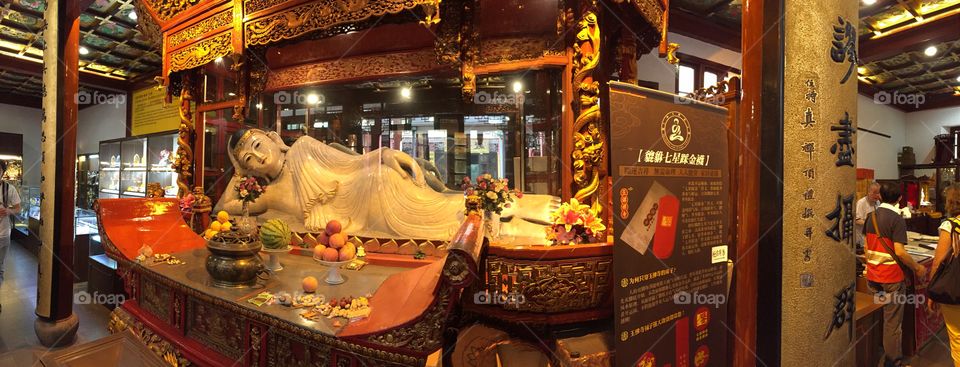 Jade Statue in Shanghai (pano). This 100% jade statue is featured in the Jade Buddha Temple, in Shanghai, China. Enjoy!