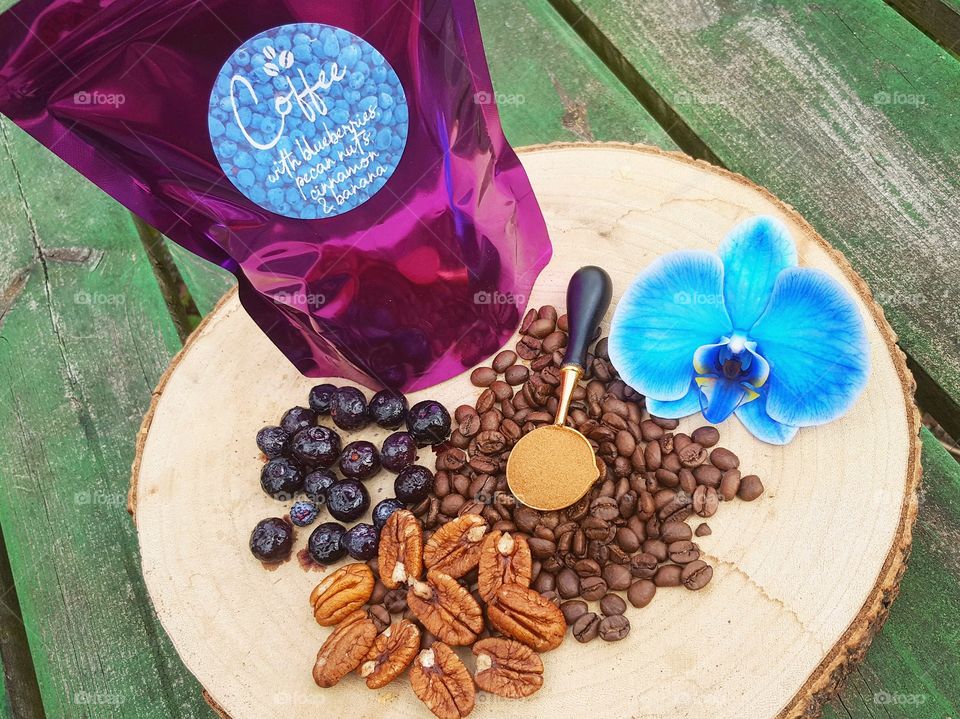 coffee with blueberries, pecan nuts, banana and cinnamon on Etsy