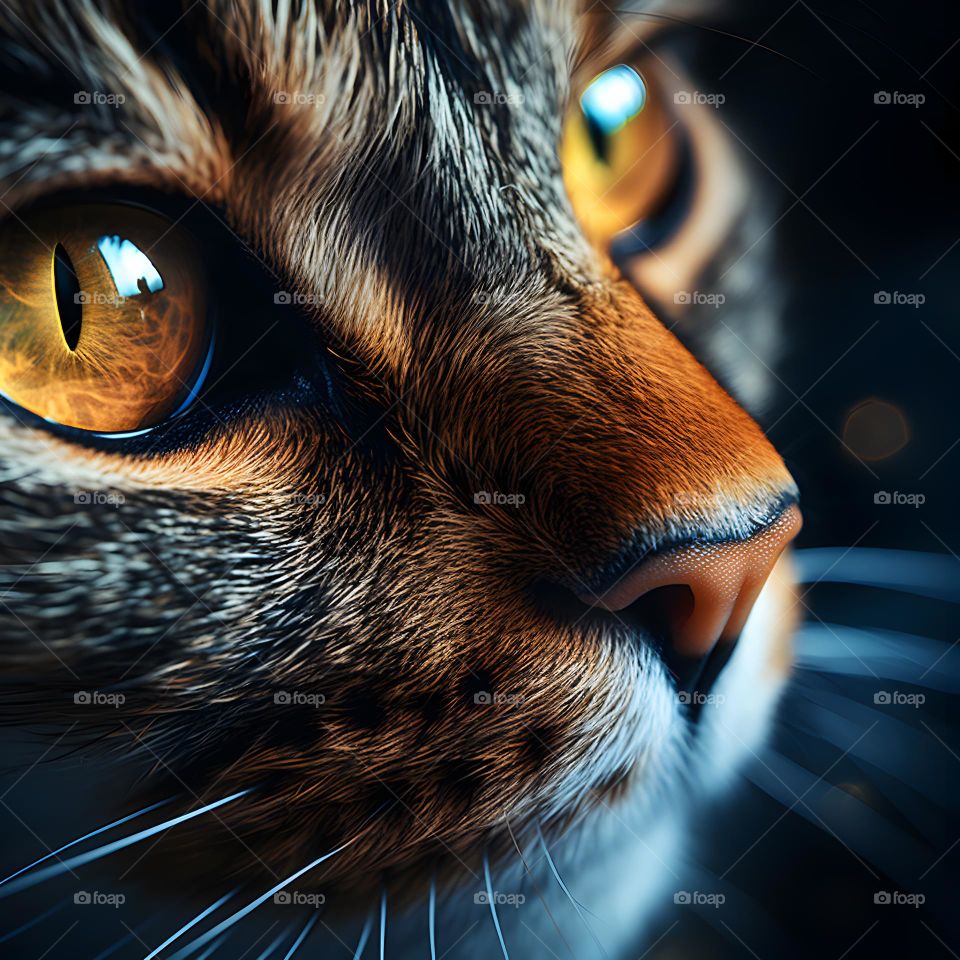 close up of a cat face with round eyes, in the style of vray tracing, photo-realistic techniques