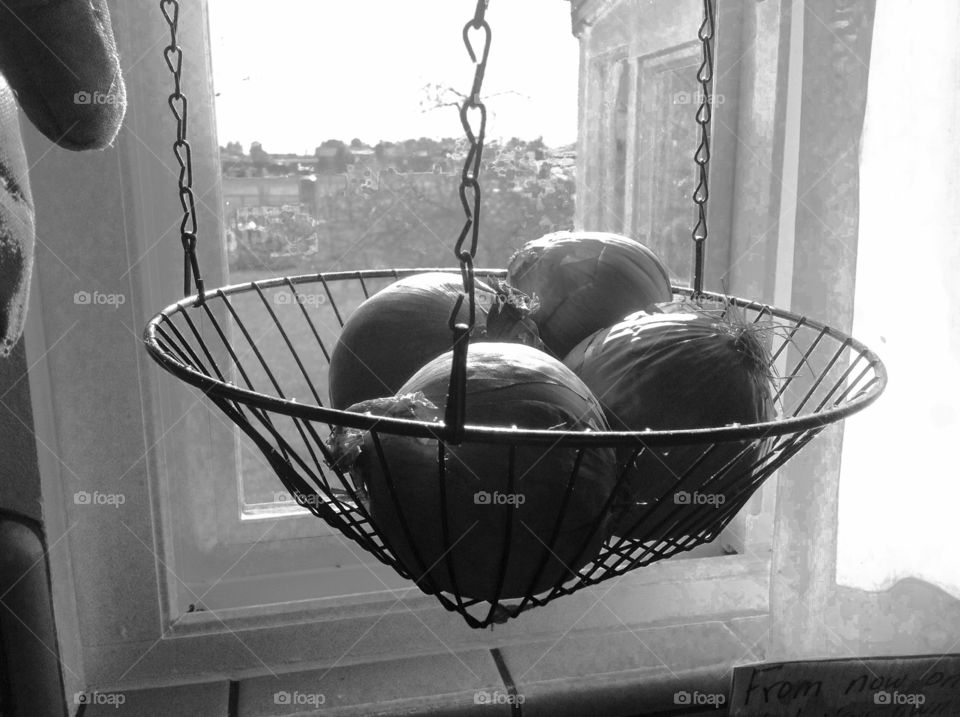 Black and white onions sitting in a nest