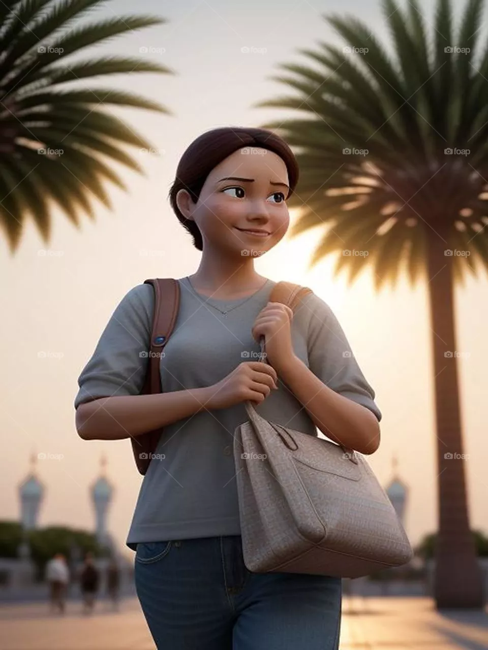 A woman carrying a bag at sunset