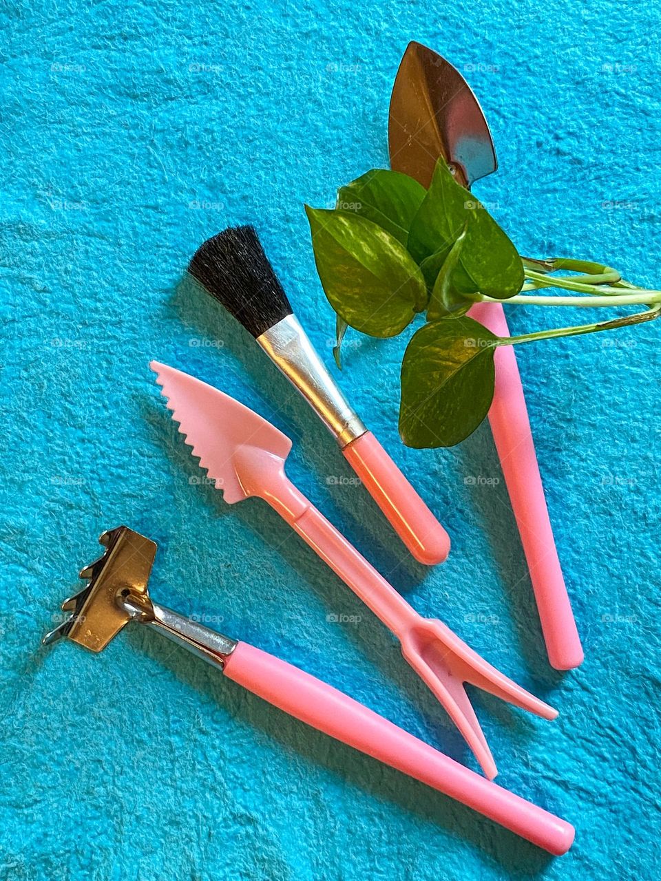 Mini gardening tools in pink against sky blue background with new cutting green leaves.