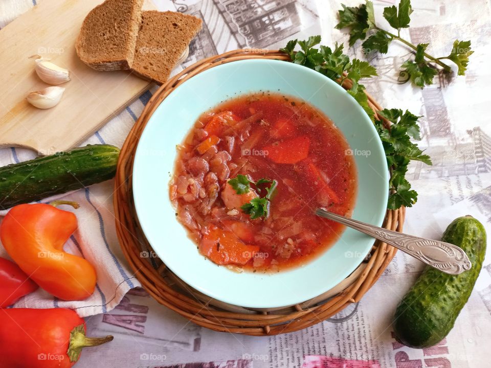 vegetable soup with cabbage - borsch, vegetables, herbs and rye bread for lunch!