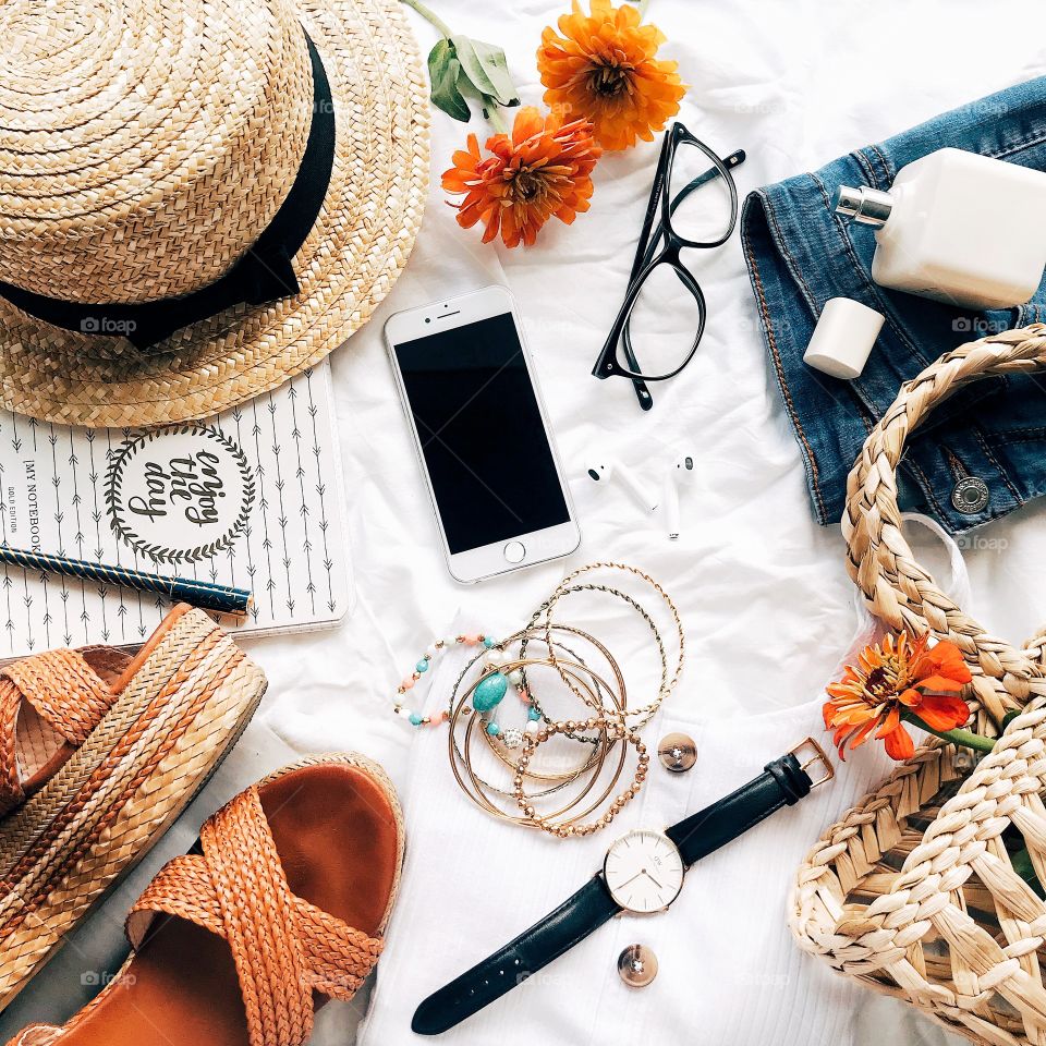 Summer flat lay photography. Summer accessories
