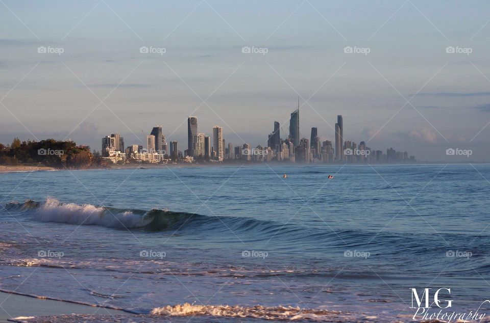 View of Surfers Paradise from Burleigh Heads main beach 